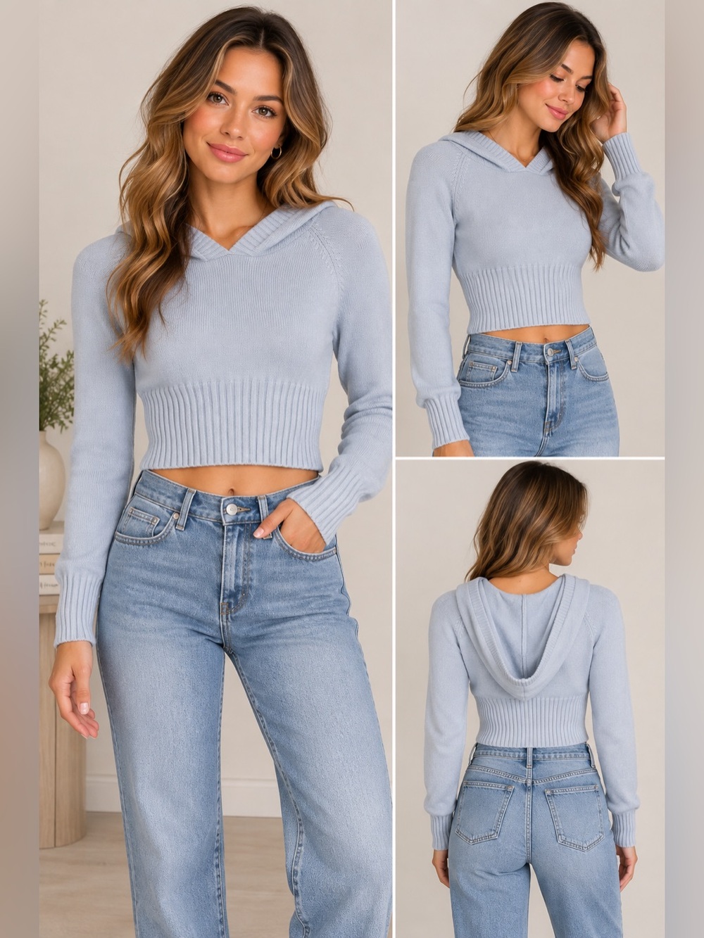 Sweet Envy Light Blue Cropped Knit Hoodie Sweater Size Small NWT